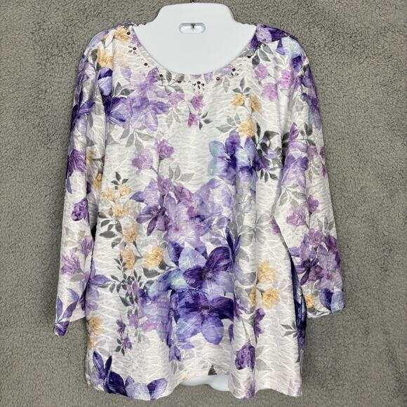 Alfred Dunner Top Womens Size P XL Floral Soft Texture 3/4 Sleeve Round Neck - Picture 1 of 12